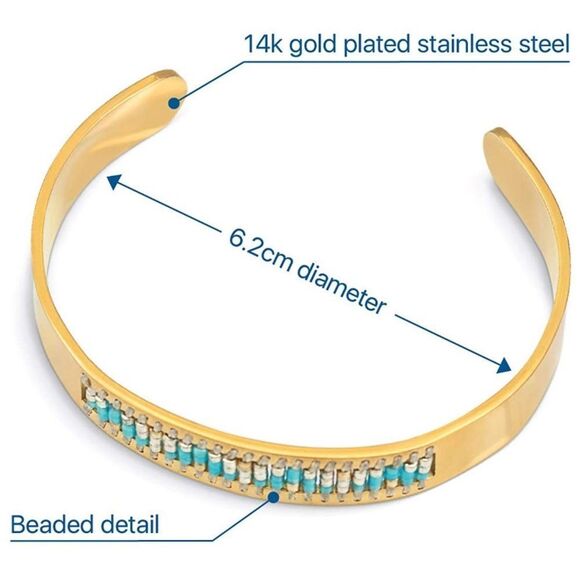 NEW 14K Gold Cuff Bracelet Blue Beaded Womens Gift​ - Picture 3 of 5